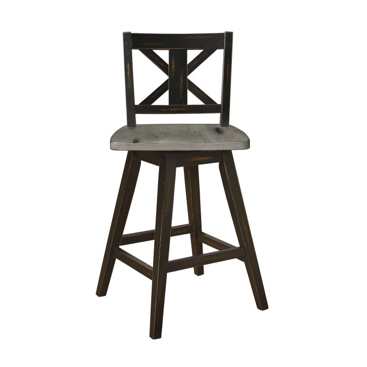 Farmhouse Swivel Counter Height Chair With X Shaped Back, Set Of 2, Antique Gray, Black