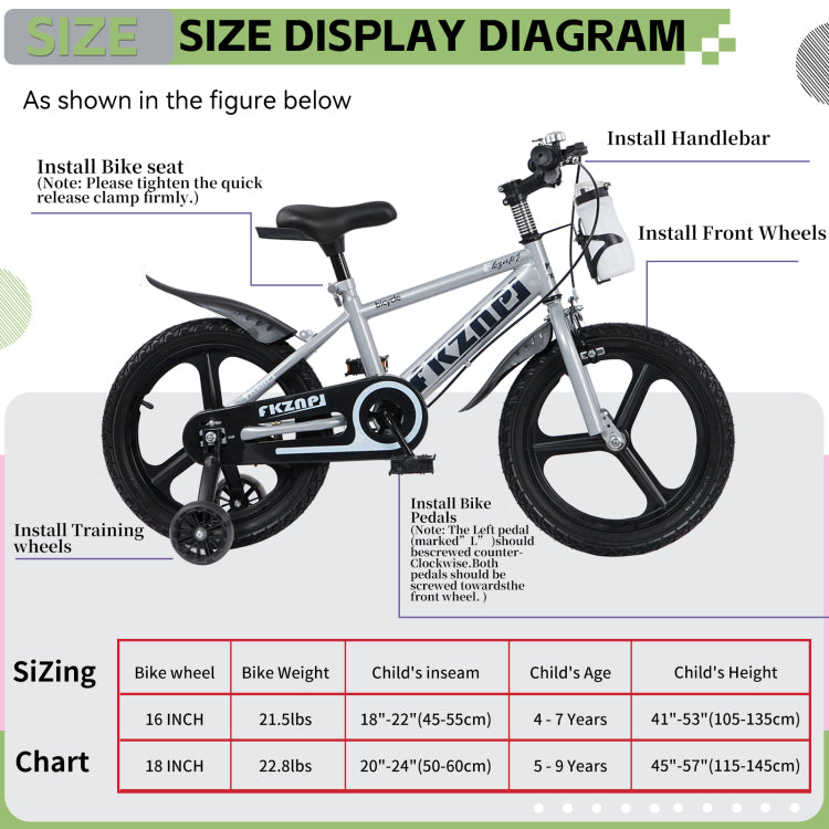 Fkznpj Kids Bike 16 Inch High Carbon Steel Frame, Magnesium Alloy Wheels, Training Wheels With Night Glow, Adjustable Seat, Water Bottle Girls & Boys Bicycle Ages 3 9, Toddler Bike