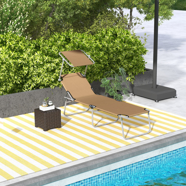 Outsunny Outdoor Lounge Chair, Adjustable Folding Chaise Lounge, Tanning Chair With Sun Shade For Beach, Camping, Hiking, Backyard, Tan