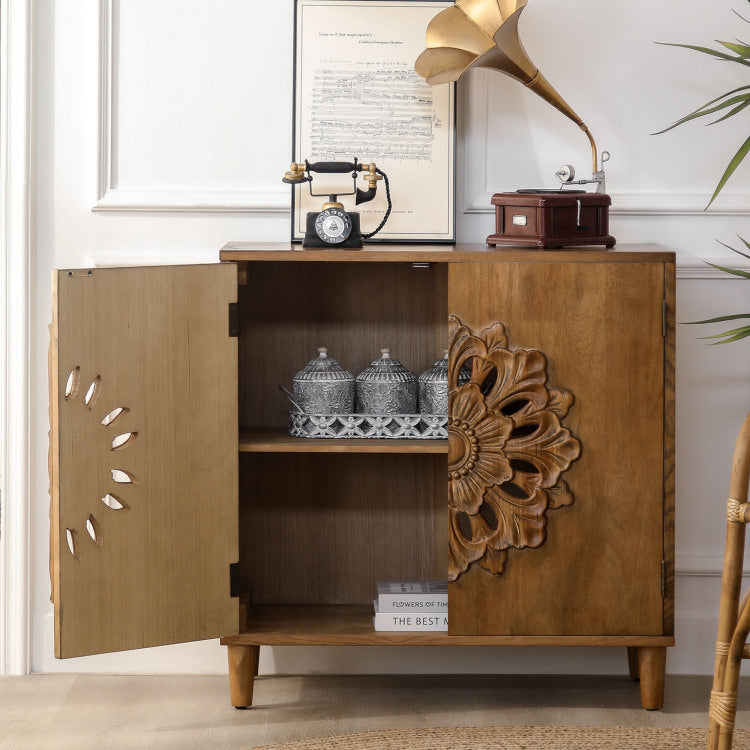 Rustic Hand Carved Wooden 2 Door Cabinet Boho Accent Storage Cabinet With Floral Design, Solid Wood Sideboard For Living Room, Entryway, Or Bedroom