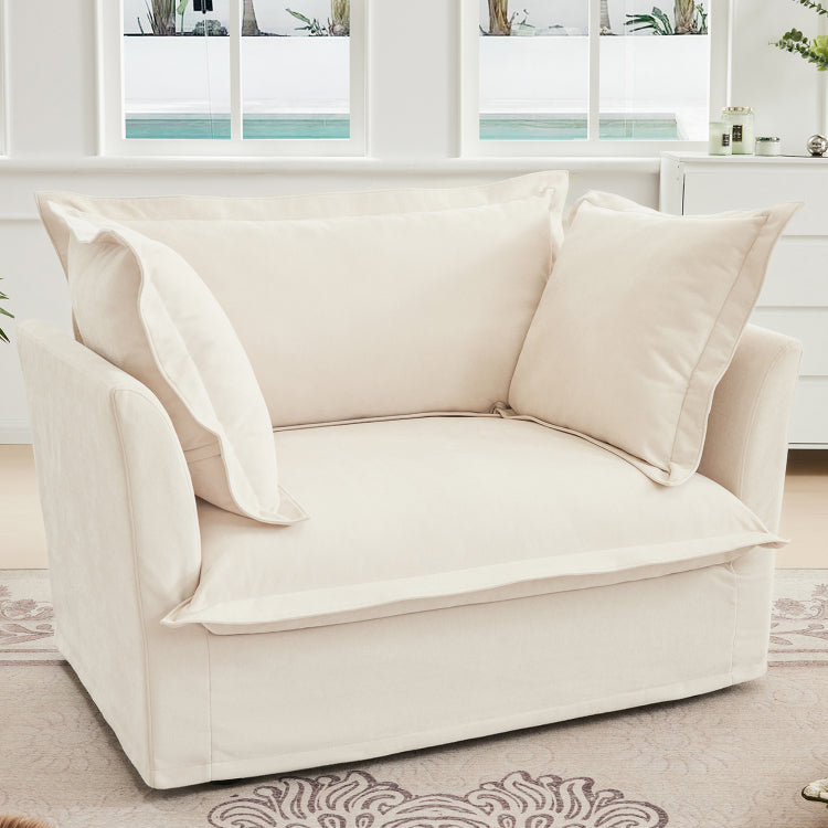 Slip Covered Armchair With 1 Big Back Cushion And 2 Big Toss Pillows, Single Deep Seat Comfy Single Couch Sofa Multiple Large Soft Pillows, Chenille Fabric, Cream