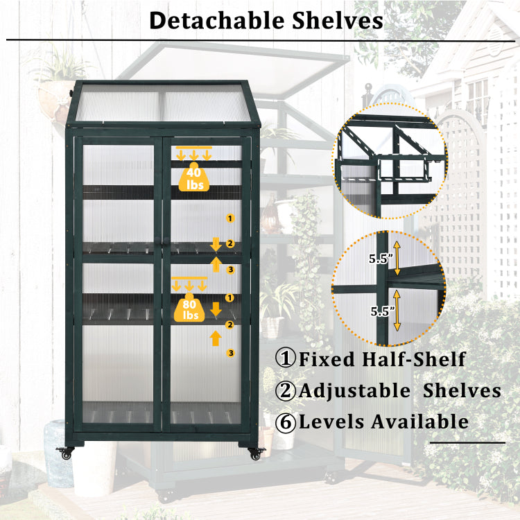 62Inch Height Wood Large Greenhouse Balcony Portable Cold Frame With Wheels And Adjustable Shelves For Outdoor Indoor Use, Forest Green