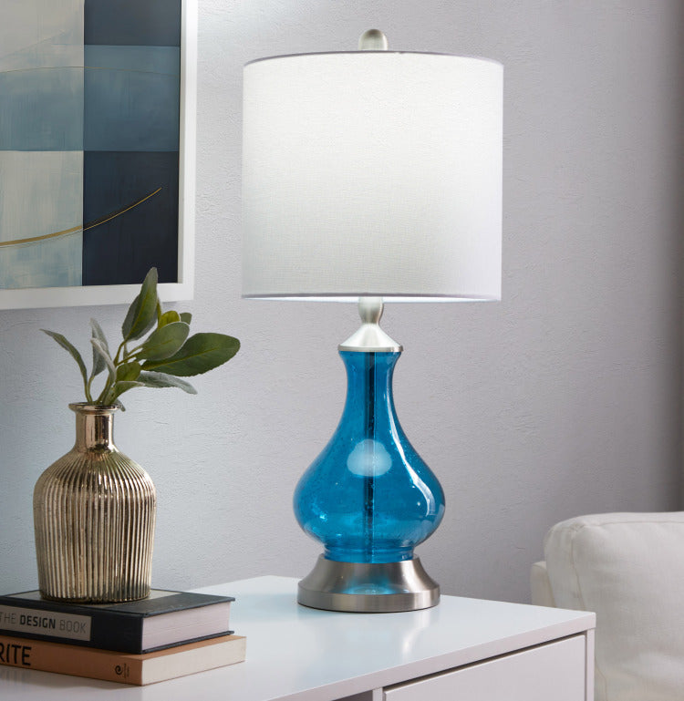 Jasmine 22" Contemporary Glass Accent Lamp In Clear Sapphire Blue Seeded Glass, Brushed Nickel And White Linen Shade