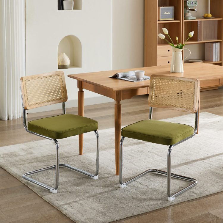 Mid Century Modern Dining Chairs Set Of 2, Velvet Accent Chairs With Natural Cane Back & Stainless Chrome Base, Famous Breuer Designed Chairs, Upholstered Rattan Kitchen Chairs,Olive Green