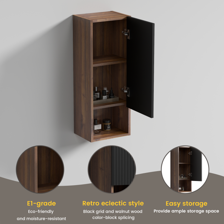 Cc1014S110.309 Black & Walnut Bathroom Floating Side Cabinet, Wall Mounted Storage Cabinet For Small Space, Kd