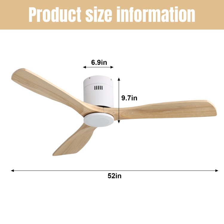 52 Inch Wooden With 3 Solid Wood Blades Remote Control Reversible Dc Motor Witout Light
