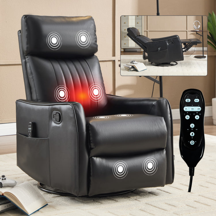 Black Faux Leather Heat Massage Manual Recliner Chair With Rocker And Swivel For Living Room