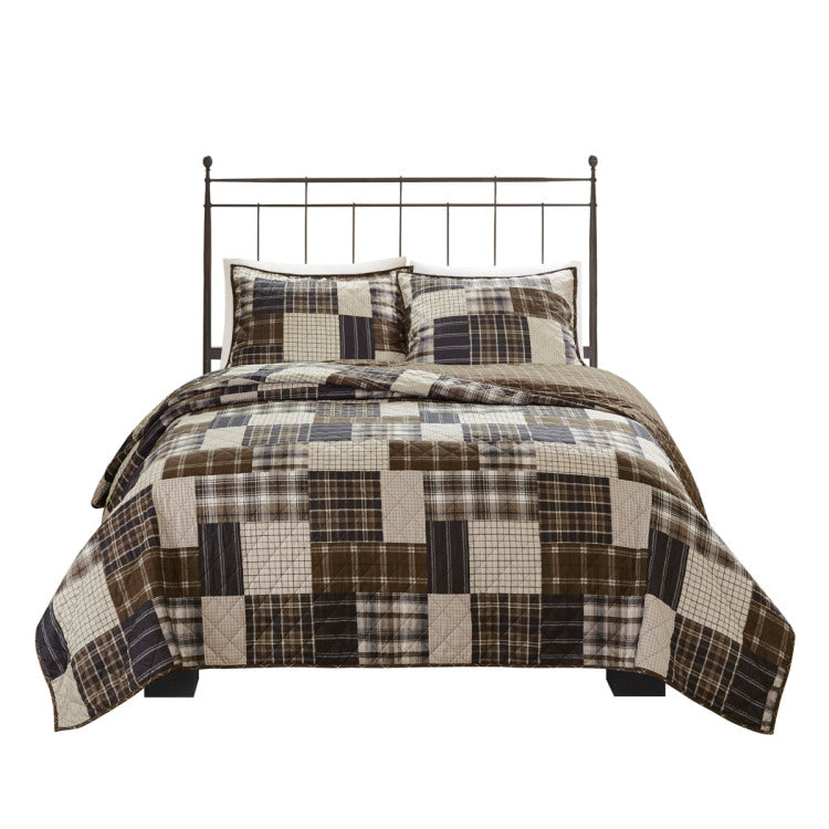 3 Piece Reversible Printed Quilt Set Black Brown King Cal King
