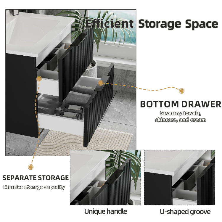 24 Inch Bathroom Vanity Cabinet With Ceramic Sink Black Wall Mounted Floating Fluted Vanity With Drawers, Modern