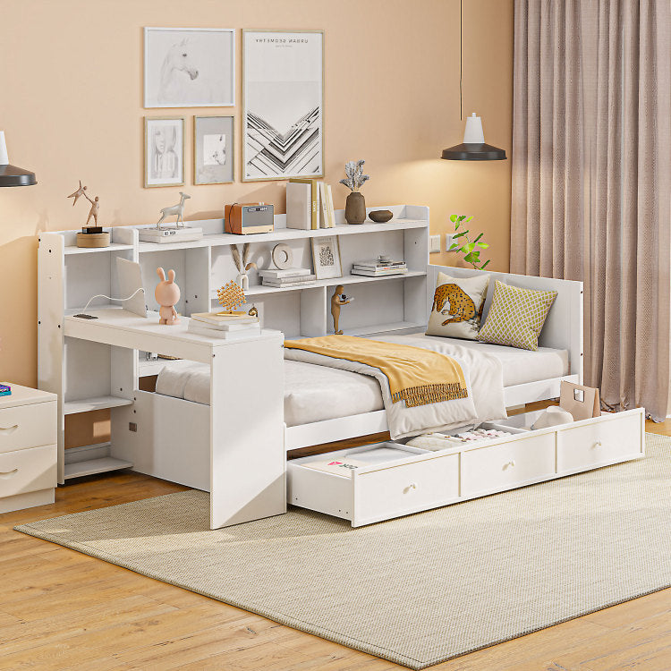 Twin Size Wooden Daybed With 3 Drawers, Usb Ports And Desk , White
