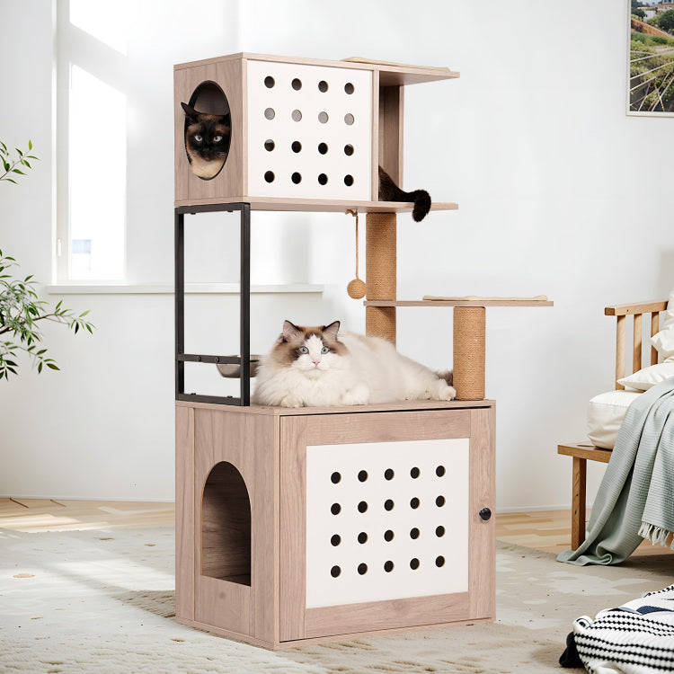 Cat Tree With Litter Box Enclosure, All In One Cat Tower For Indoor Cats With Large Hammock, Bed, Food Station, Scratching Posts, Modern Style Pet Furniture, Gray White