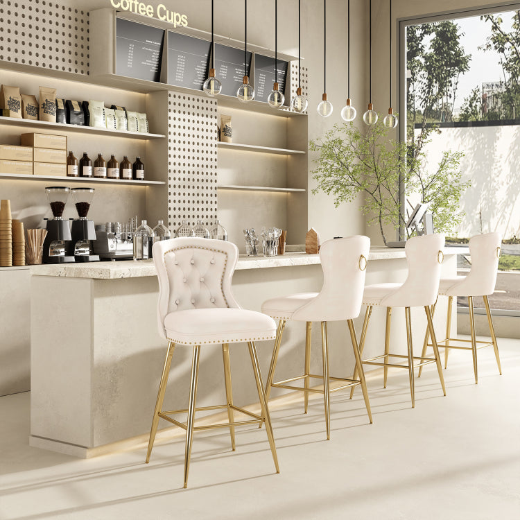 Bar Stools Set Of 2, Velvet Counter Height Bar Stools With Metal Legs, Button Tufted And Nailheads Trim, Wing Back Bar Chairs For Kitchen Island Dining Room Pub, Beige