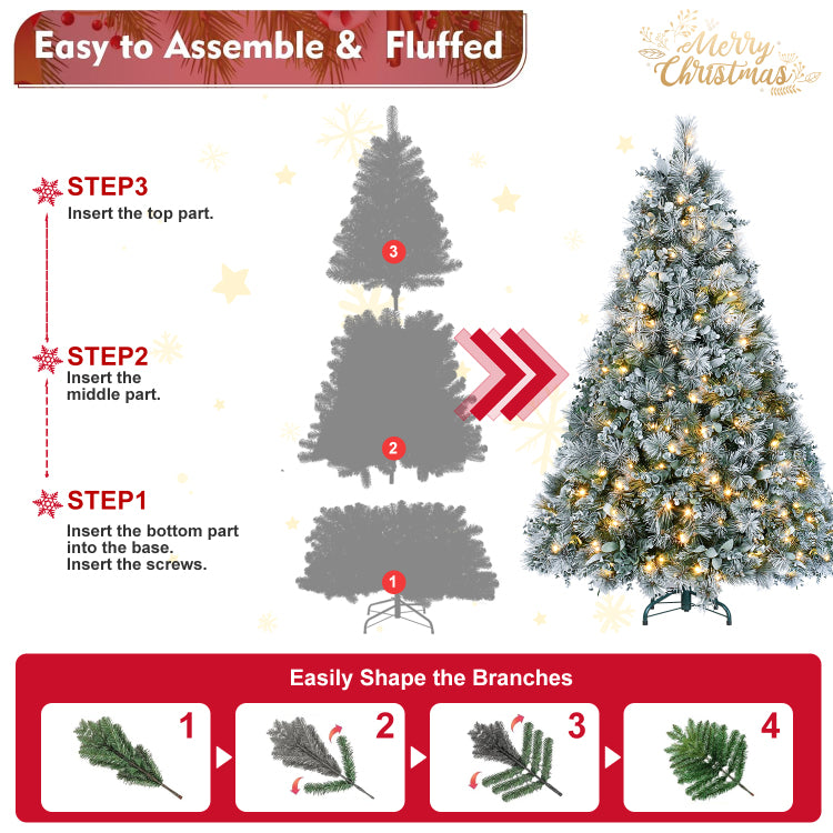 4Ft Prelit Flocked Christmas Tree With Pine Needles & Eucalyptus Leaves, 150 Warm White Led Lights, 404 Tips, Hinged Branches, Metal Stand Snowy Artificial Tree For Holiday Decor