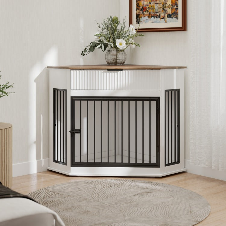 44.6'' Corner Mdf Dog Crate Furniture For Small Medium Dogs, Decorative Dog Kennel End Table With Fluted Drawer Storage, Modern Space Saving Dog Cage Cabinet For Home D Cor Indoor White