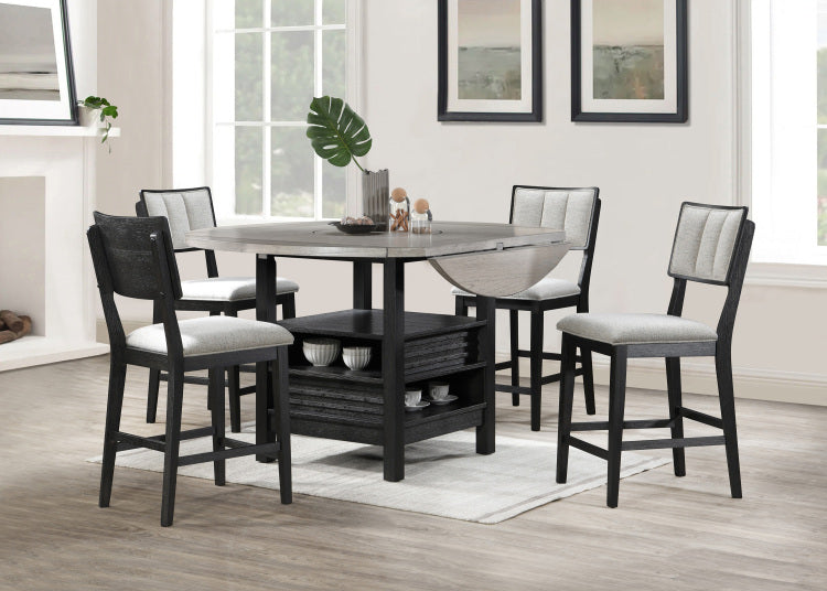 1Pc Farmhouse Contemporary Counter Height Table With Storage Single Pedestal Round Black Gray Natural Grain Integrated Turntable Drop Leaves And Built In Shelving