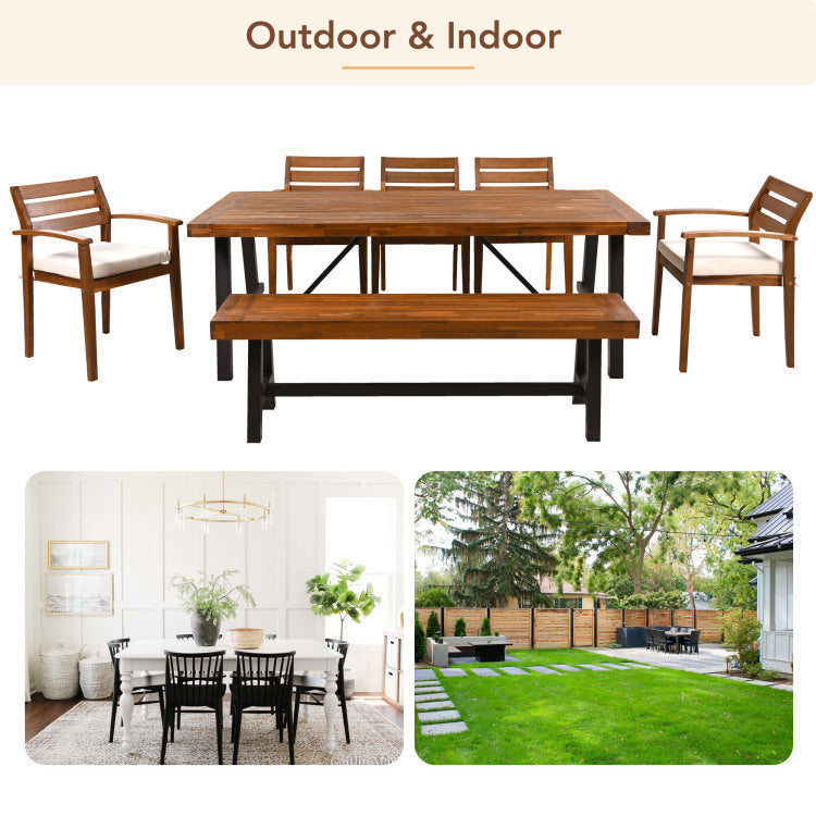 Outdoor Wood Dining Set For 7 8 Person, Outdoor Dining Furniture With Removable Cushions, Ernomic Chairs And Bench, Thicker Table, Nature