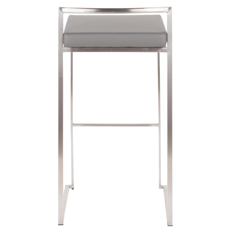 30" Contemporary Stackable Barstool In Stainless Steel With Grey Faux Leather Cushion Set Of 3