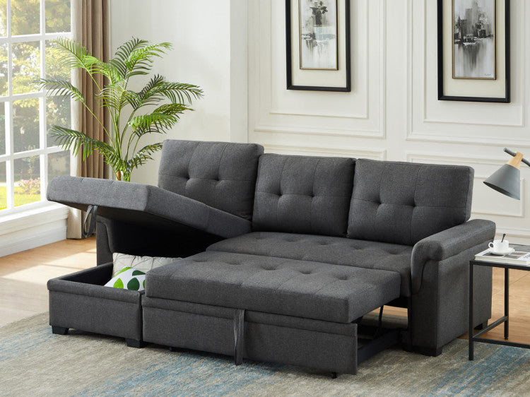 Jardin 84"W Dark Gray Linen Reversible Sleeper Sectional Sofa With Storage Chaise