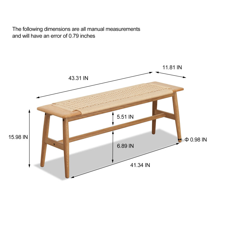 1.1M Woven Design Natural Oak Wood Dining Bench Bed Bench For Dining Room, Bedroom, Living Room