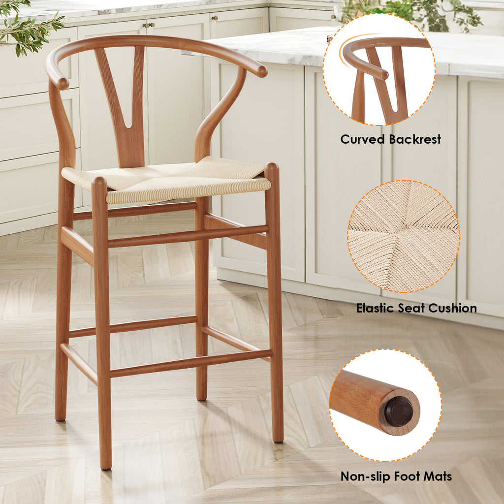 Wishbone Barstool,Weave Counter Height Bar Stools, Fully Assembled Rattan Bar Chairs For Kitchen Island,1Pc,Walnut