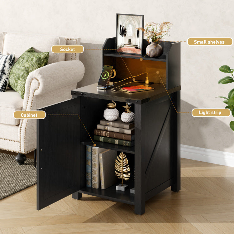 Okd Nightstand With Charging Station, 18 Inch Farmhouse End Table With Barn Door And Adjustable Storage Shelf, Rustic Wood Sofa Side Table W Magnetic Door For Living Room, Bedroom, Antique Black
