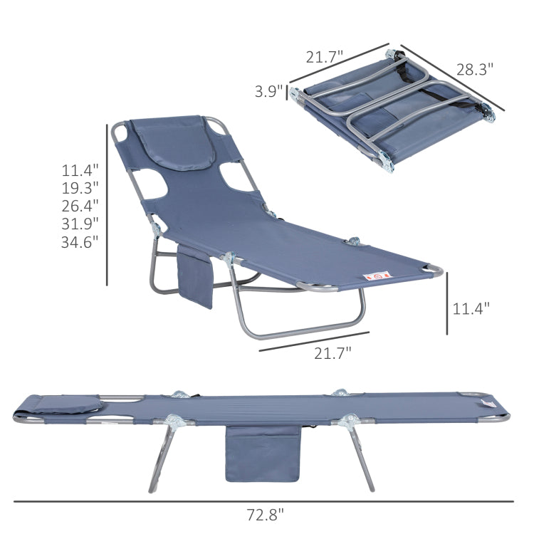 Outsunny Folding Beach Lounge Chair With Face Hole And Arm Slots, 5 Level Adjustable Sun Lounger Tanning Chair With Pillow For Patio, Garden, Beach, Pool, Gray