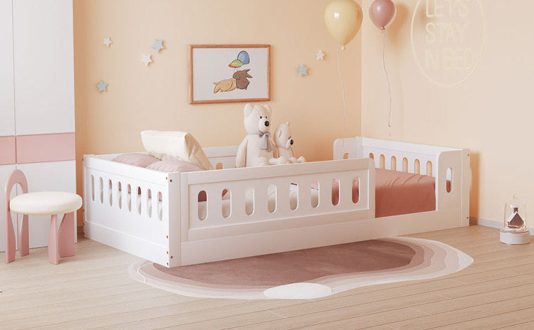 Wood Twin Size Platform Bed With Guardrail, White