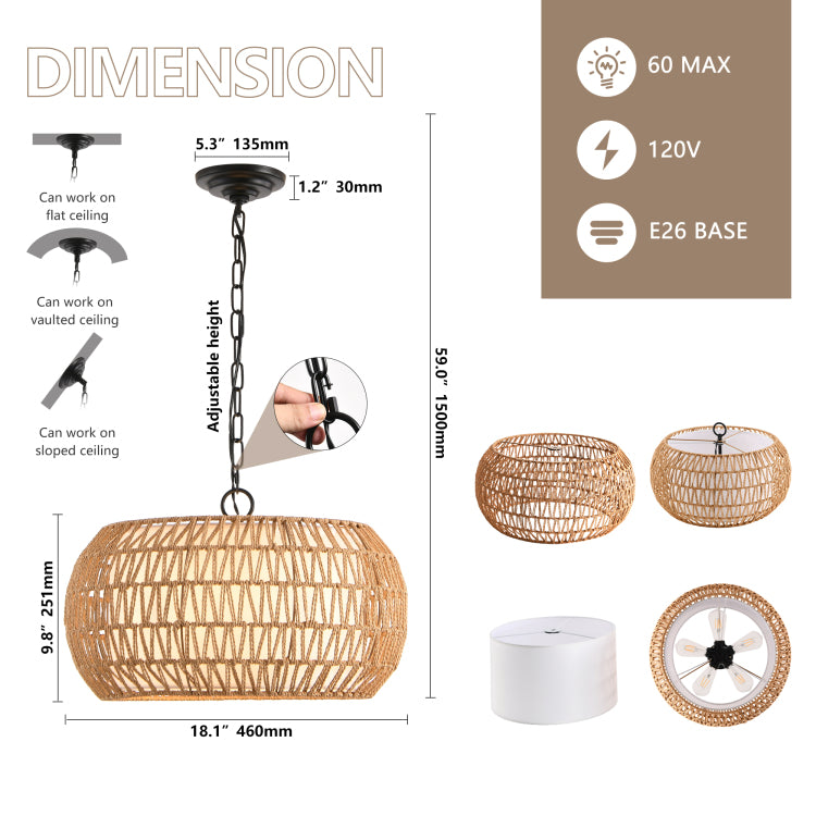 18" Farmhouse Pendant Light With Adjustable Height, Boho Woven Jute Rope Hanging Ceiling Light Fixture, E26 Base, 60W Max, Compatible With Flat, Vaulted, And Sloped Ceil Bulb Not Included