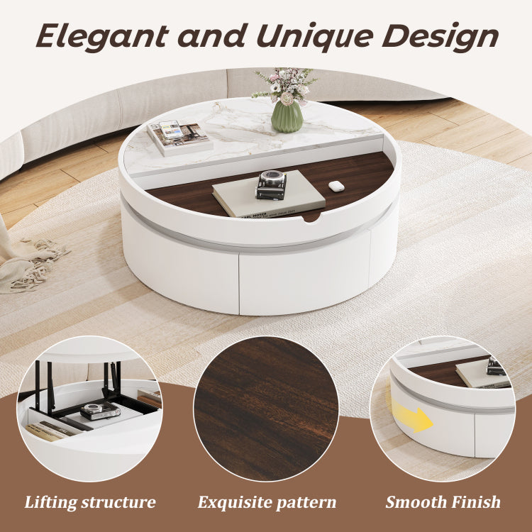 White Round Lift Coffee Table With 1 Drawer In 29.5", Marble Veneer And Wood Grain Tabletop