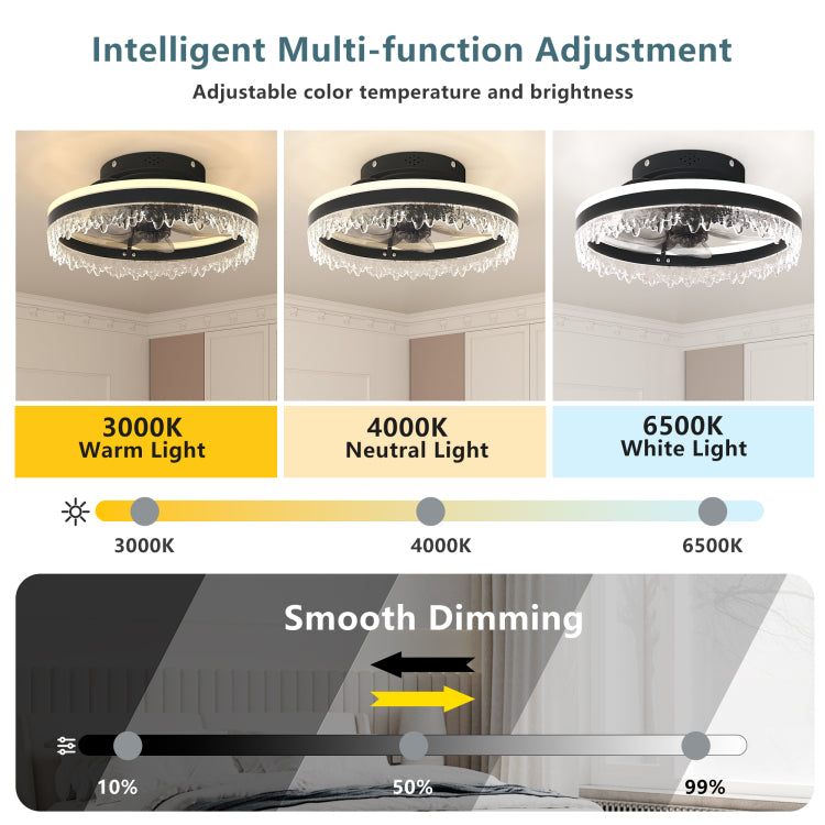 Modern Led With Light 16'' Dimmable Ceiling Light With Invisible Blades And Crystal Design, Remote Control & Adjustable Color Temperature, Quiet Fan For Bedroom, Living Room,Black