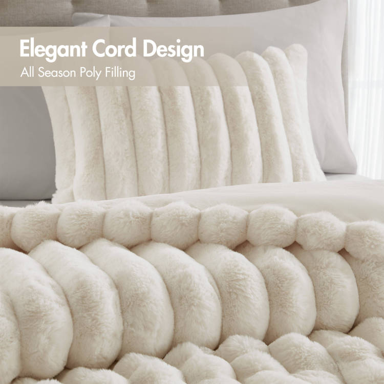 3 Piece Full Queen Soft Faux Fur Ribbed Comforter Set,Ivory