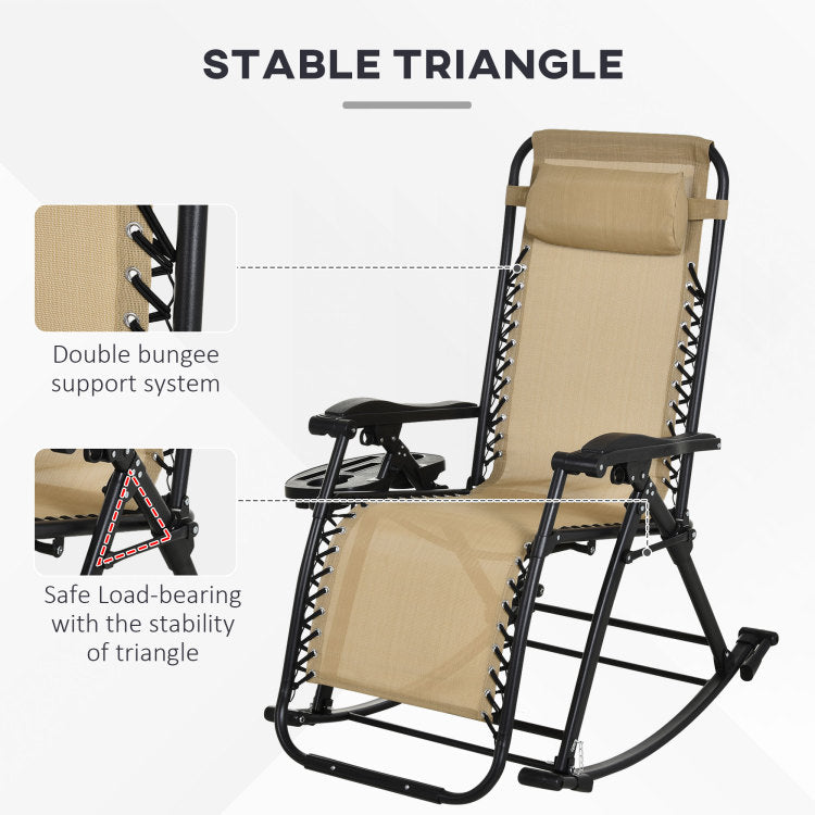 Outsunny 2 Pieces Outdoor Rocking Chairs, Foldable Reclining Zero Gravity Lounge Rocker With Pillow, Cup & Phone Holder, Combo Design With Folding Legs, Beige