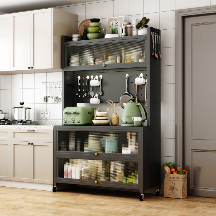 65'' Tall Kitchen Bakers Rack With Flip Door Cabinet, 5 Tier Multifunctional Microwave Stand Buffet, Coffee Bar, Quick Assembly, Gray