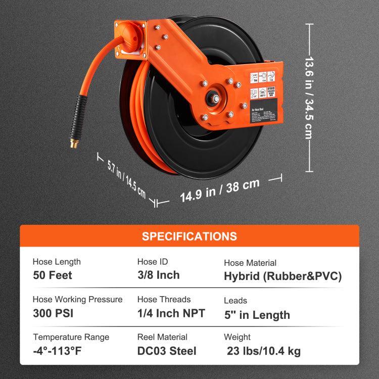 Retractable Air Hose Reel, 3 8 In X 50 Ft Hybrid Air Hose Max 300Psi, Air Compressor Hose Reel With 5 Ft Lead In, Ceiling Wall Mount Heavy Duty Single Arm Steel Reel
