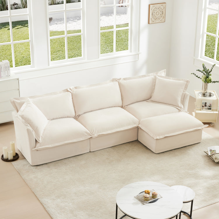 L Shaped Slipcovered Sectional Sofa Couch, Comfy Chenille Deep Seat Cloud Couch With Convertible Ottoman & 2 Big Pillows, Modern Oversized 3 Seater Slipcovered Sofa Set For Living Room Office, Cream