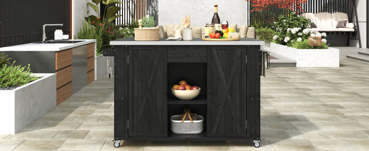 Outdoor Kitchen Island Fir Wood Kitchen Island With Stainless Steel Top, Ample Storage Space, Towel And Spice Racks And A Bottle Opener For Outdoor, Black