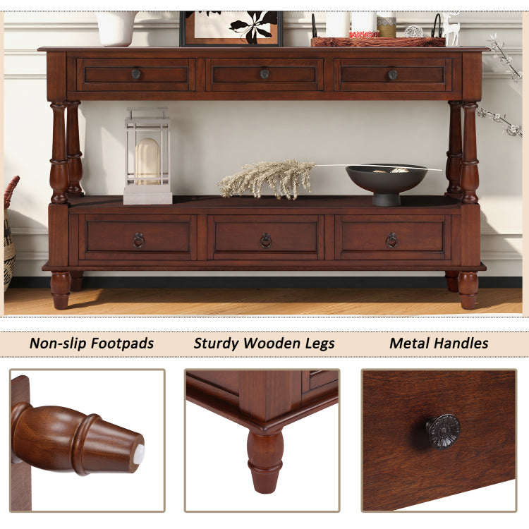 Solid Wood Console Table With 6 Drawers And Shelf, Vintage 54'' 2 Tier Wood Couch Foyer Table For Living Room, Hallway, Entrance Cherry