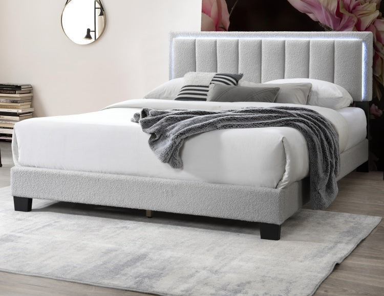 Light Gray Wool Fabric 1Pc Queen Size Bed Channel Tufting W Led Full Upholstered Bedframe Bedroom Bed