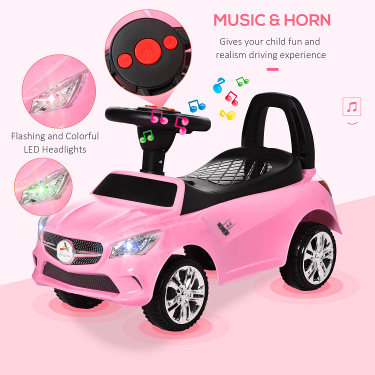 Aosom Kids Ride On Push Car, Foot To Floor Walking Sliding Toy Car For Toddler With Working Horn, Music, Headlights And Storage, Pink