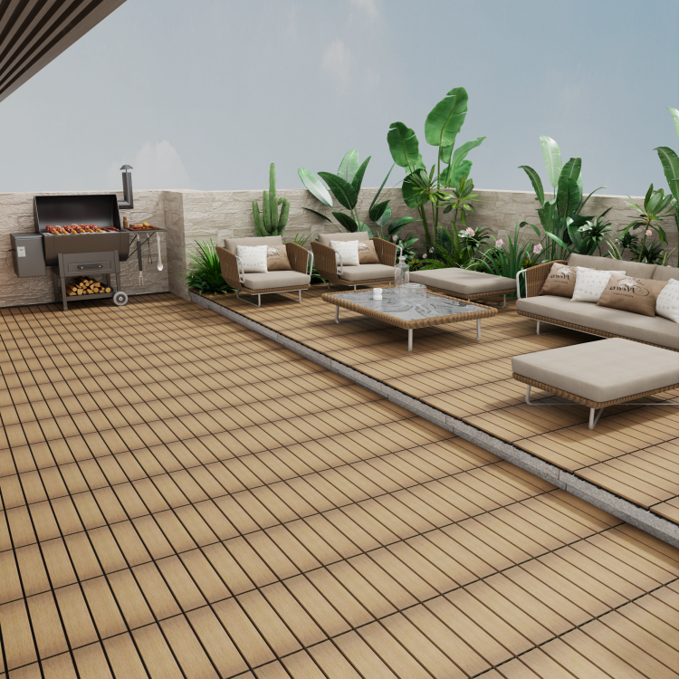 Patio Floor Tiles Pack Of 11 Wpc Wood Plastic Composite Patio Deck Tiles Diy Interlocking Decking Tiles, Quick Deck Floor Tile, Court Tile, Water Resistant Indoor Outdoor 11.8" Oak