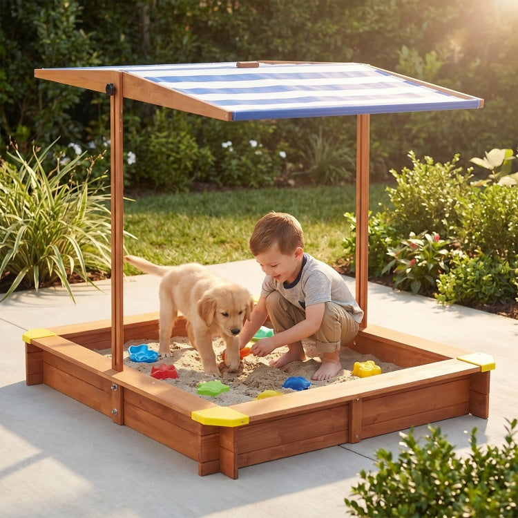 Kids Sandbox With Cover, 46" Wooden Sand Box W Adjustable Canopy, Large Outdoor Cedar Sandpit For Backyard Play