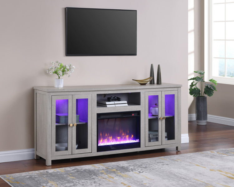Emerson 70"W Light Gray Finish Fireplace Tv Stand Console With Heater, Led Light, Cabinets, Shelves