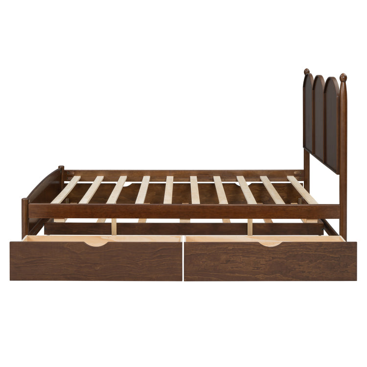 Queen Size Platform Bed With With 2 Big Drawers, Twin Xl Size Trundle, Walnut