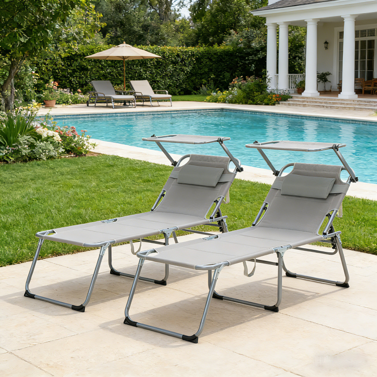 Folding Lounge Chair With Canopy, Pool Chair, Patio Sun Tanning Chair, Outdoor Reclining Chair With Position Adjustable Backrest, Mesh Seat, Suitable For Beach. Gray, 2 Pcs