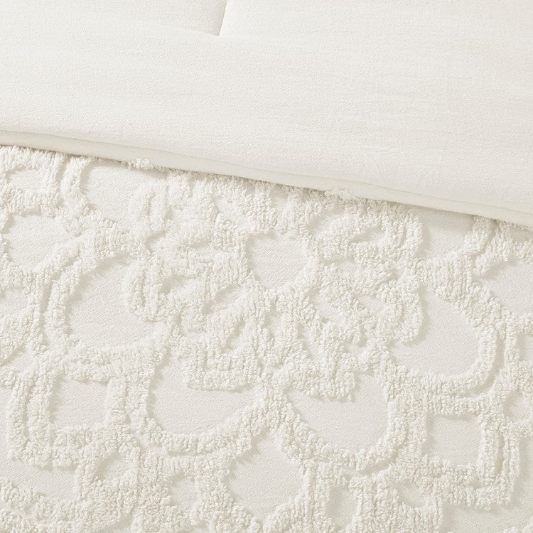 3 Piece Tufted Cotton Chenille Medallion Comforter Set Off White Full Queen