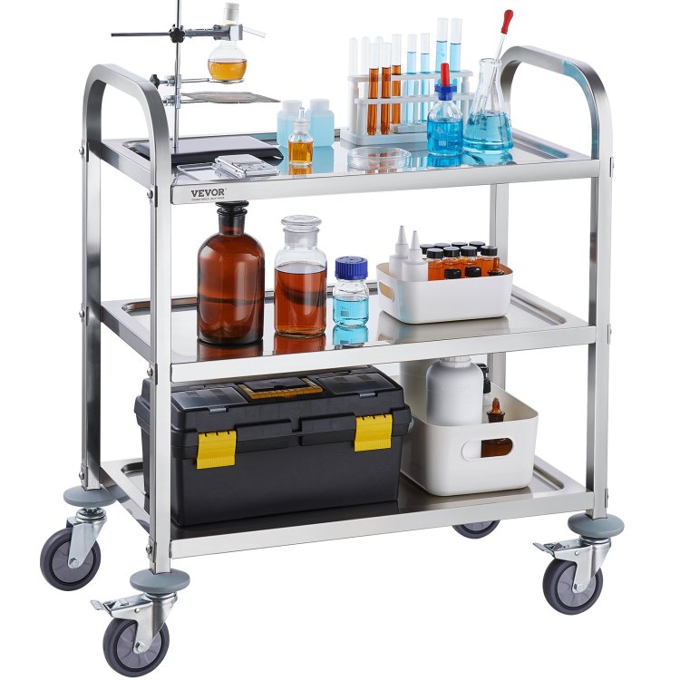 Stainless Steel Cart, 3 Layers Lab Utility Cart 400 Lbs Weight Capacity, Medical Cart With Lockable Universal Wheels, For Lab, Clinic, Kitchen, Salon