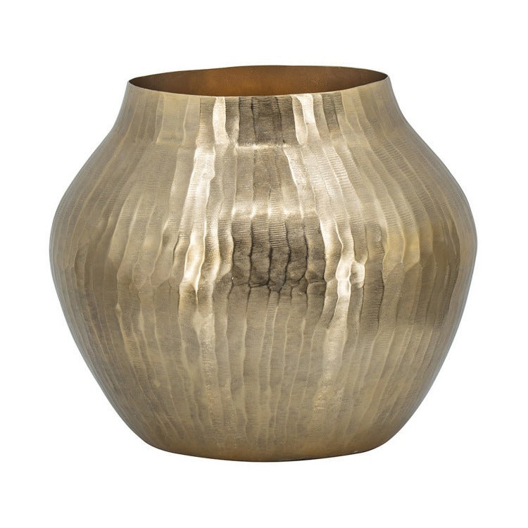 Kria 13 Inch Modern Vase, Curved Shape, Hammered Texture, Gold Metal Finish