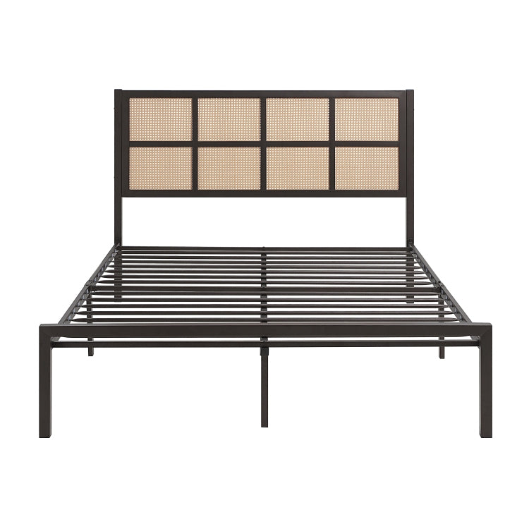 1Pc Queen Platform Bed, Metal Frame Dark Bronze Finish Faux Cane Panel Headboard Casual Coastal Bedroom Furniture, Bed In A Box