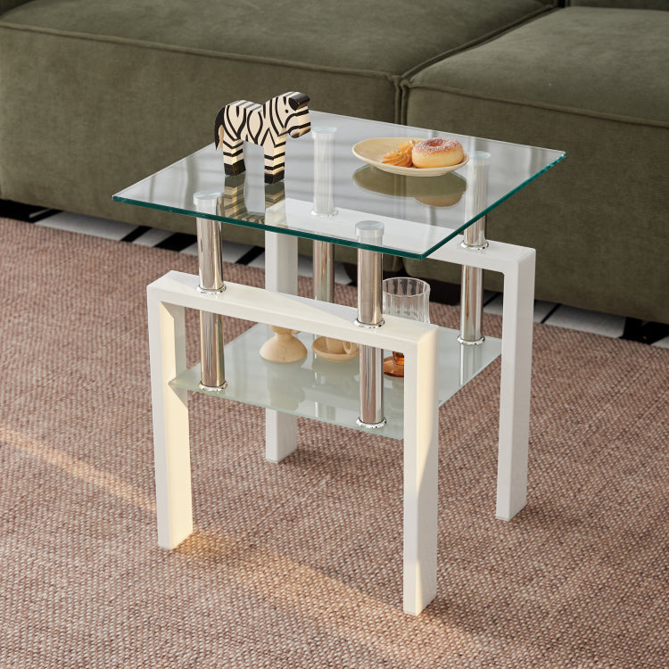 2 Pieces White Tempered Clear Glass End Table, 2 Layers Small Table With Storage, Living Room Side Table