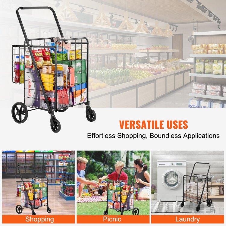Folding Shopping Cart, Jumbo Grocery Cart With Double Baskets, 360 Swivel Wheels, Heavy Duty Utility Cart, 110 Lbs Large Capacity Utility Cart For Laundry, Shopping, Grocery, Luggage